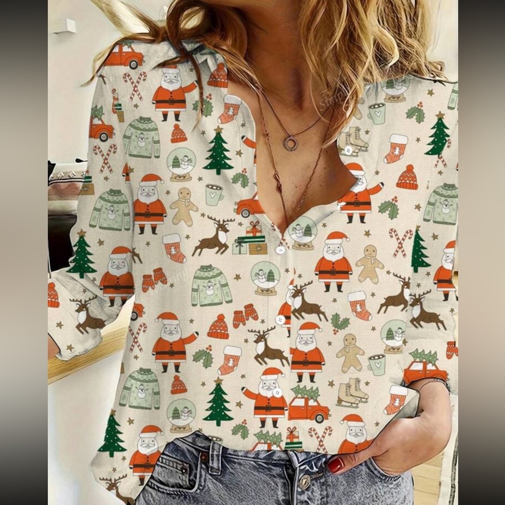Luxe Holiday Christmas Gift Button Down Up Shirt Top Blouse